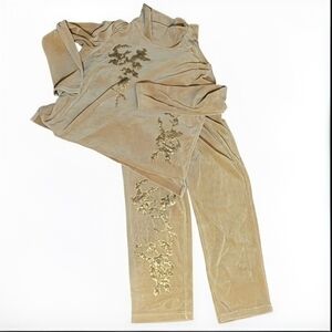 Chico's Velour Two Piece Jog Set Caramel Color With Sequins Embellishments Sz L